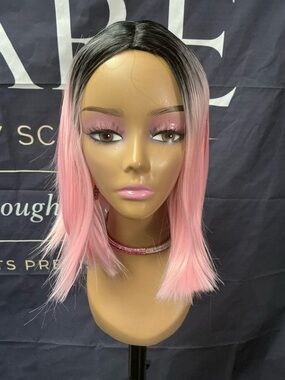Synthetic Ombre Pink Bob Wig with Natural Black Roots